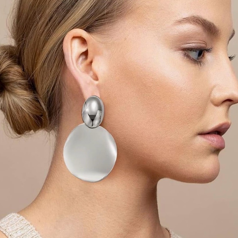 Statement Drop Silver Dangle Round Hammered Earri… - image 2